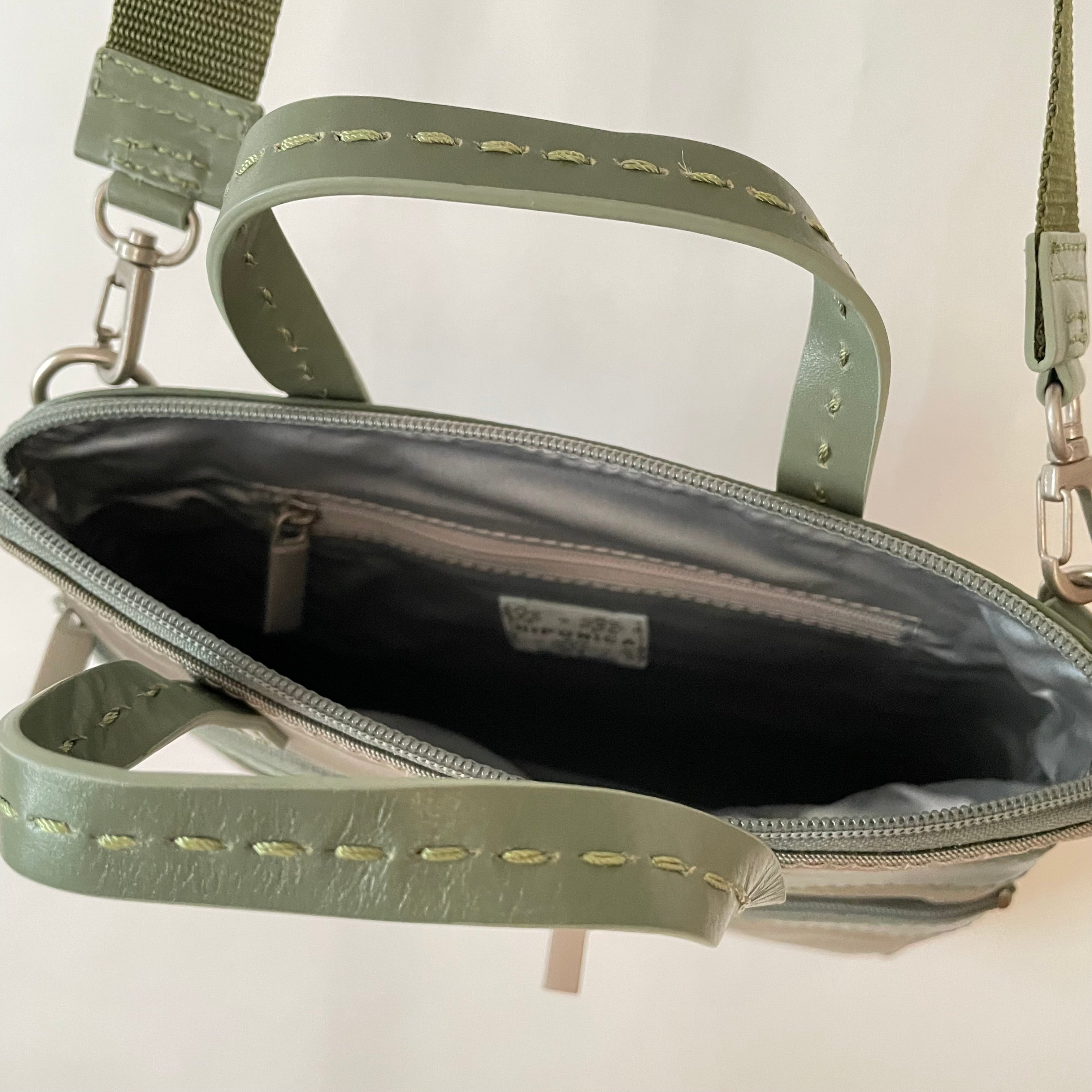 Premium Collection | Small Nylon x Leather Mix Cross-Body Shoulder Bag with Metal Zipper Pulls and Rose Embroidery | Sage